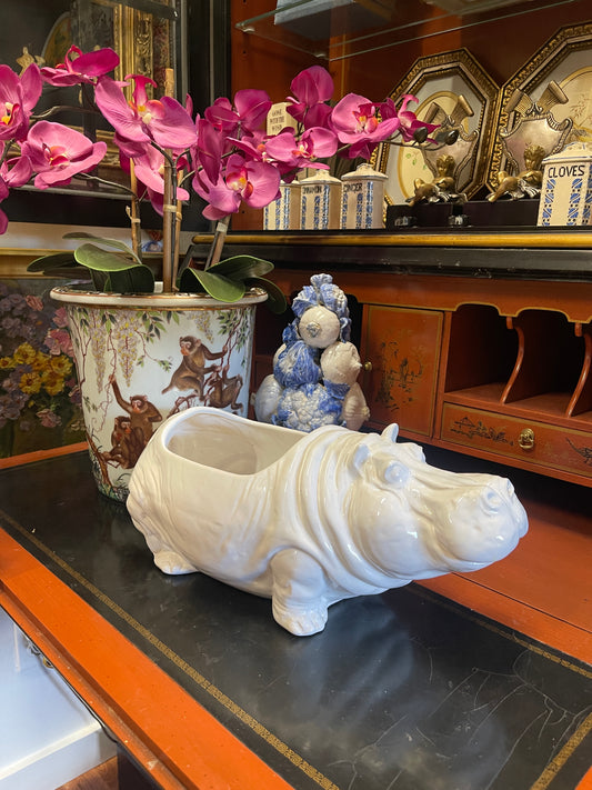 Whimsical Vintage Glazed Pottery Hippo Planter, Italian