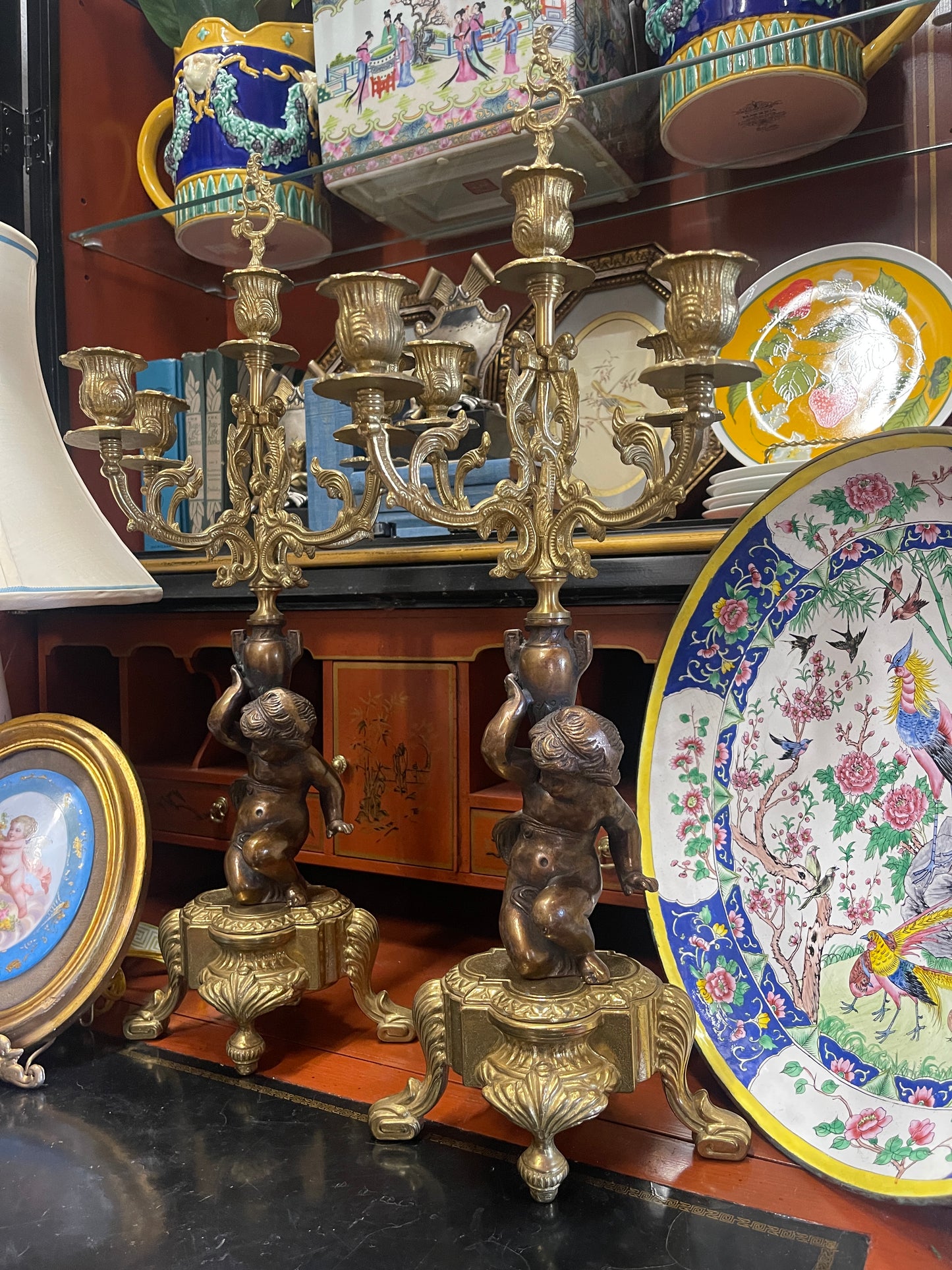 Pair of Vintage Italian Putti Candelabras – Gilt Bronze, Rococo Elegance