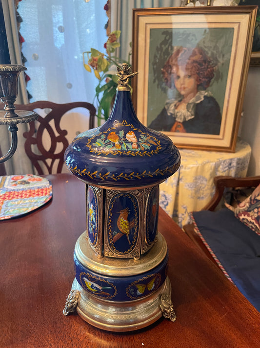 Vintage Reuge Italian Lipstick Carousel Music Box | Hand-Painted Tole with Birds, Cherub Finial & Gilt Base