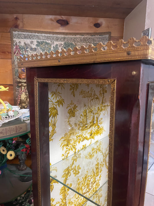 Vintage Mariner Glass Display Cabinet with Golden Chinoiserie Fabric Back & Gilt Gallery, Made in Spain, *PICK UP ONLY*
