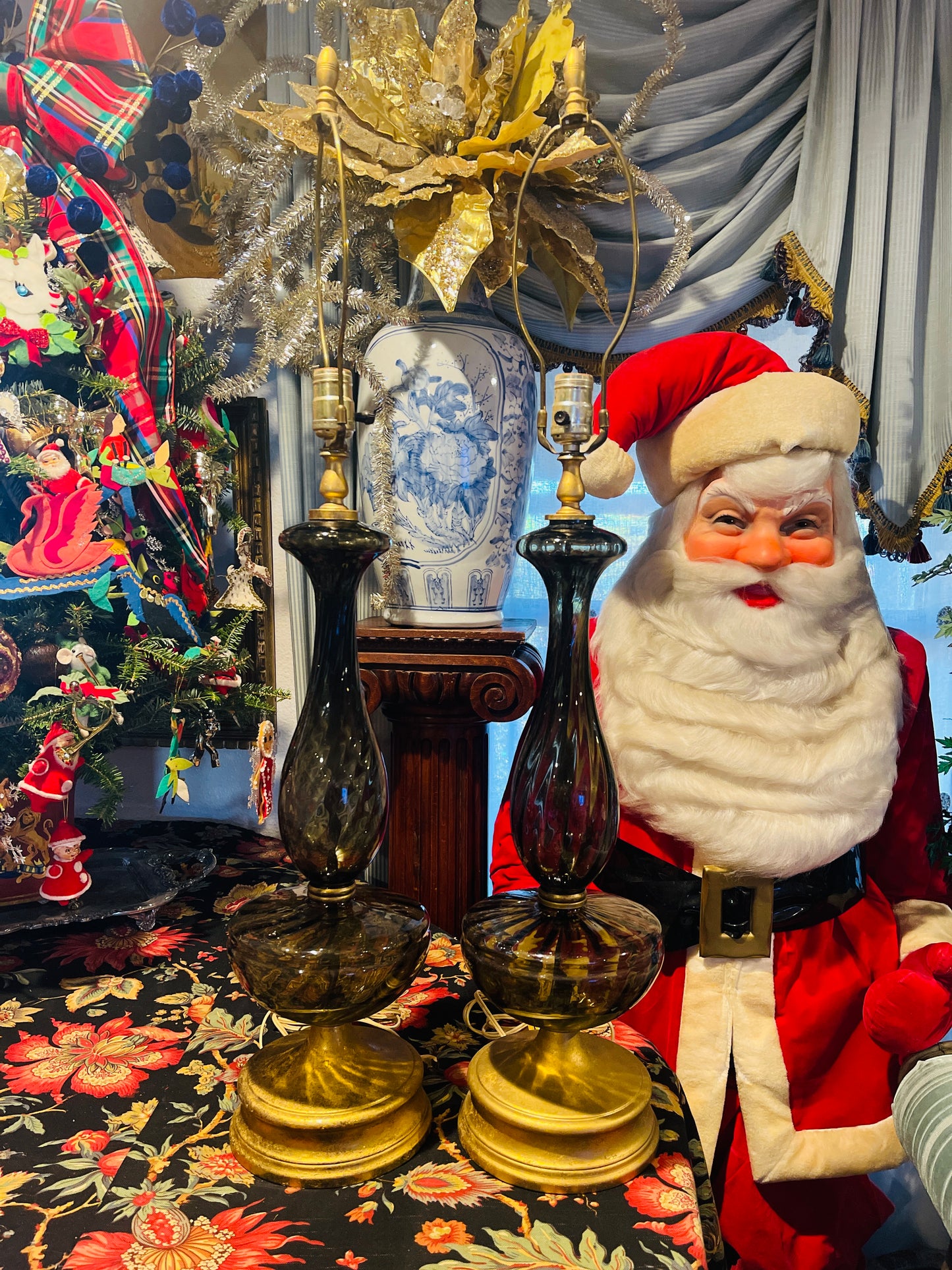 Large Midcentury Empoli Art Glass Lamps · Made in Italy · Smoky Quartz / Smoky Topaz Glass · Gold Leaf Bases & Finials