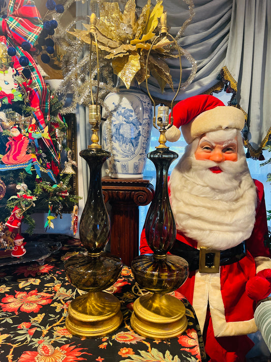 Large Midcentury Empoli Art Glass Lamps · Made in Italy · Smoky Quartz / Smoky Topaz Glass · Gold Leaf Bases & Finials