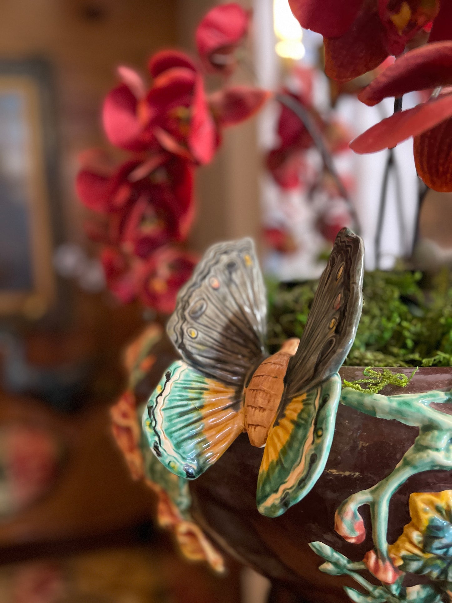 Monumental French Art Nouveau Majolica Jardinière on Heron Stand | Vallauris Style | Palm Beach Chic Coastal Garden Statement Piece