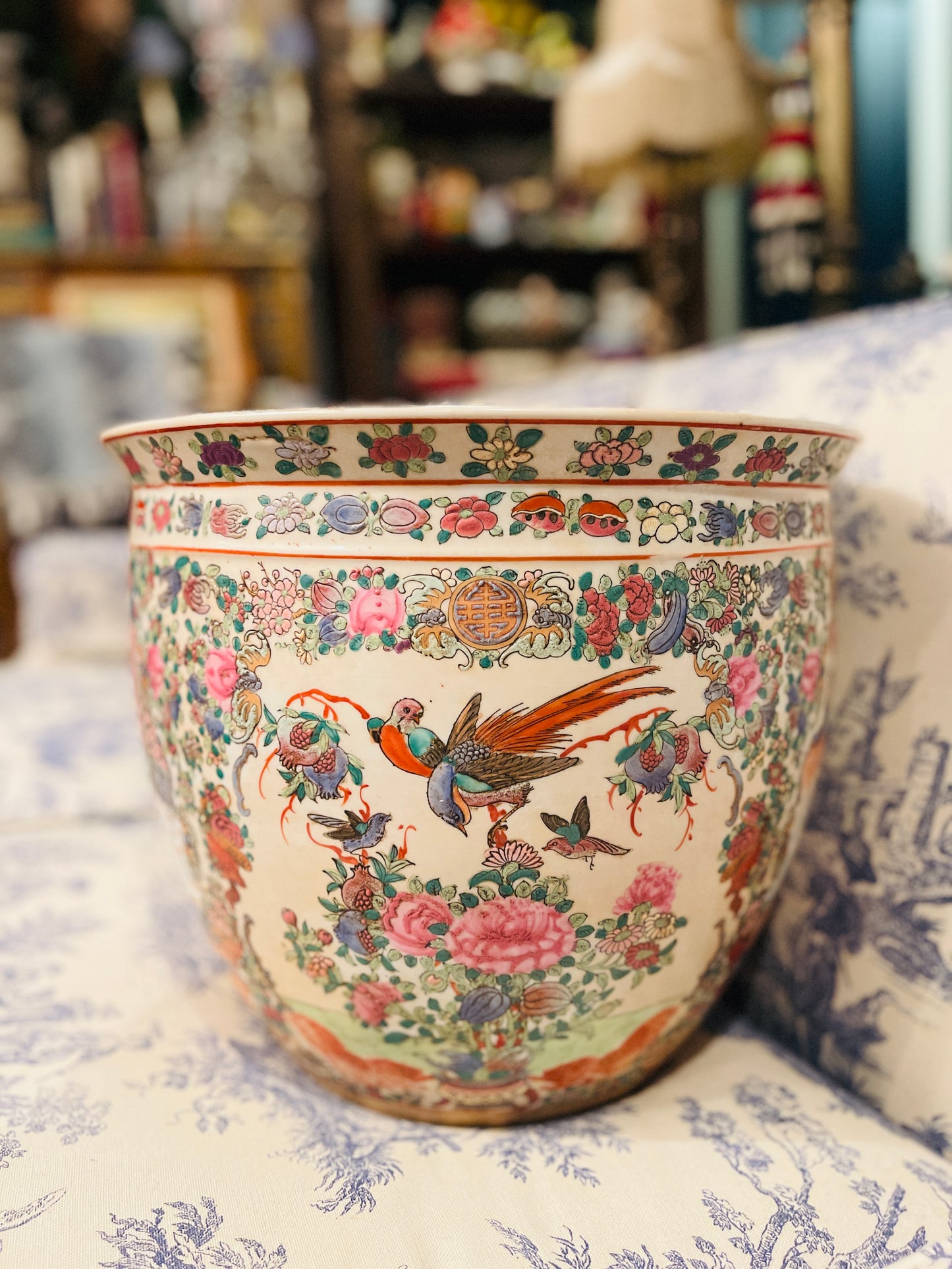 Vintage Rose Medallion Fishbowl Cachepot Planter – Christmas Tree Vessel & Year-Round Chinoiserie Elegance