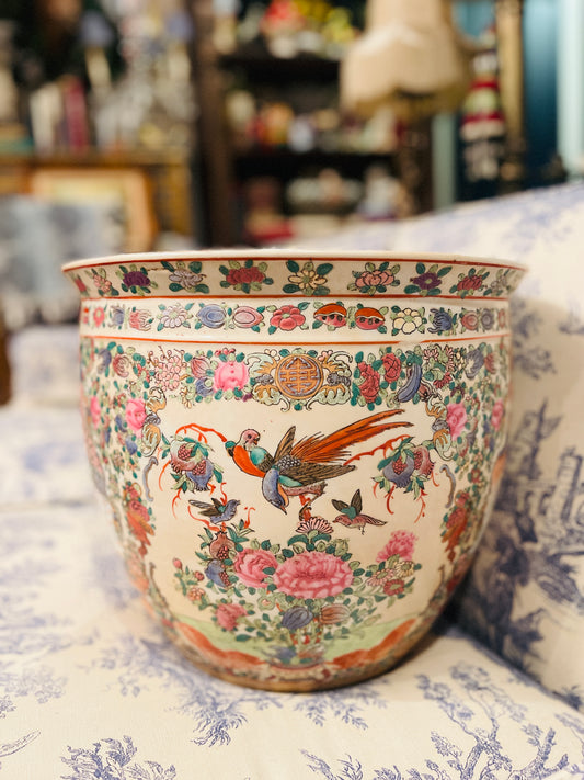 Vintage Rose Medallion Fishbowl Cachepot Planter – Christmas Tree Vessel & Year-Round Chinoiserie Elegance