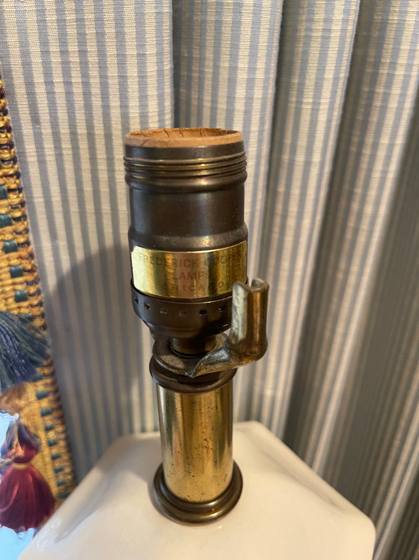 Vintage Frederick Copper Palm Beach Chic Chinoiserie Pagoda Bamboo Style Lamps, Yellow and White, Pair