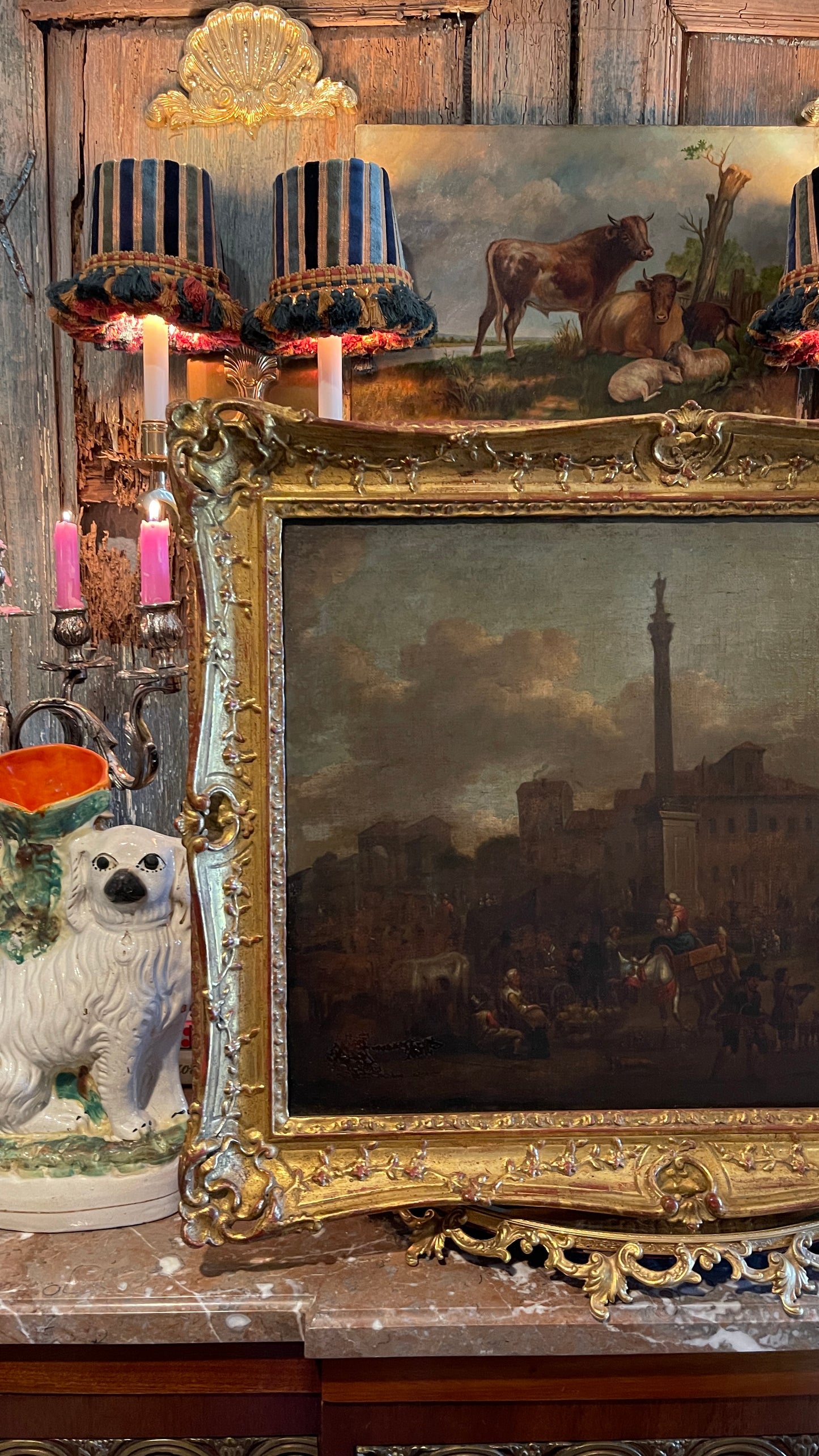 19th-Century European Oil Painting of Market Scene, Florence in an Exceptional Barbizon Frame