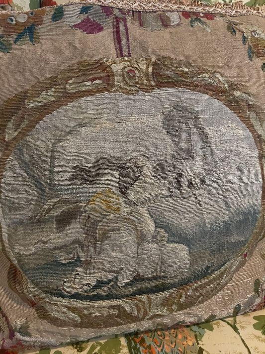19th Century Horses & Pastoral Scene French Aubusson Tapestry Pillow – Shunting Silk Backing