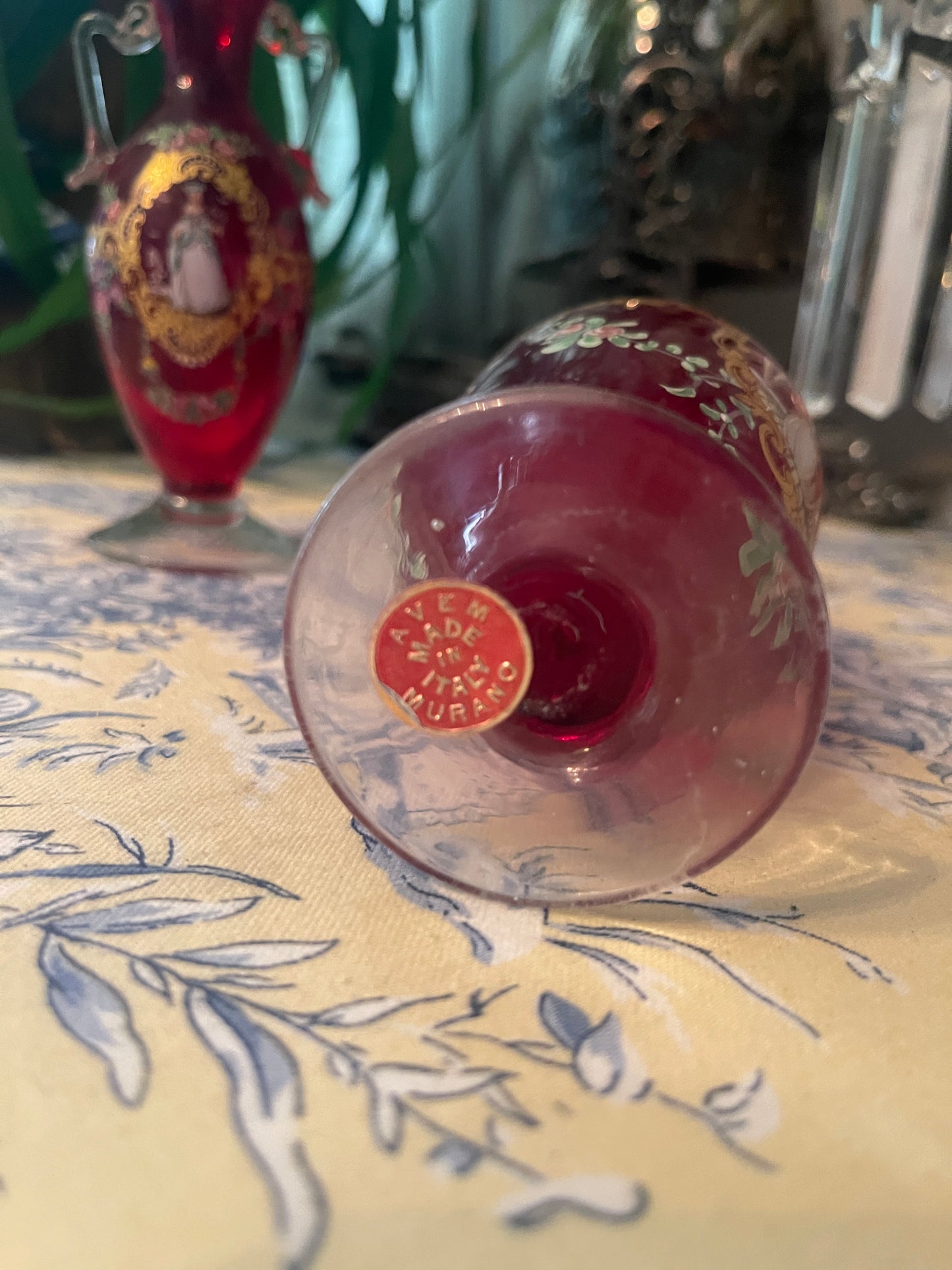 Murano Ruby Romance – Antique Venetian Glass Ewer with Lady & Tall Ship Scene- Monte Vista Estate
