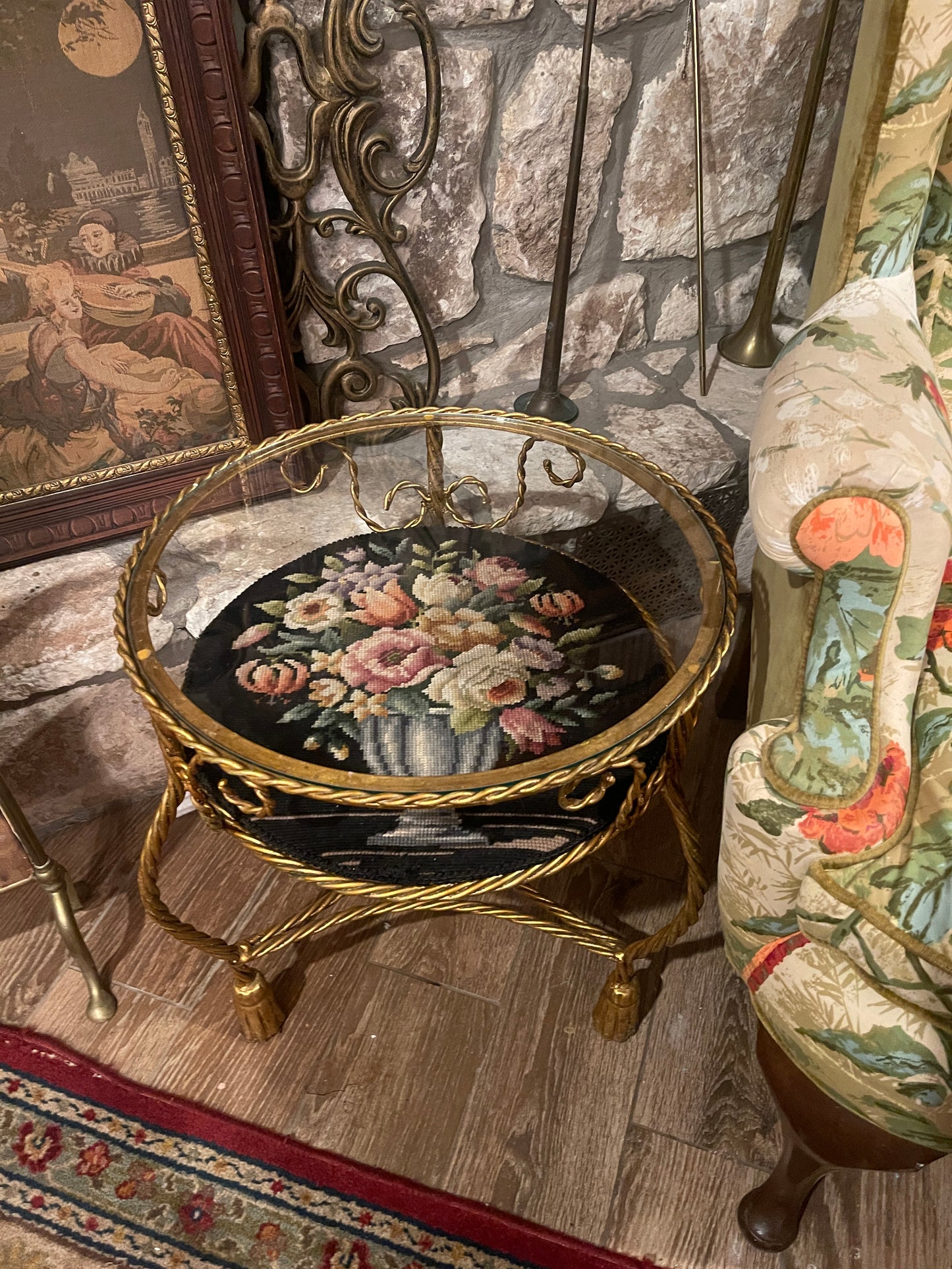 Italian Tôle Rope & Tassel Side Table with Glass Top and Vintage Needlepoint Insert — Round Top Find