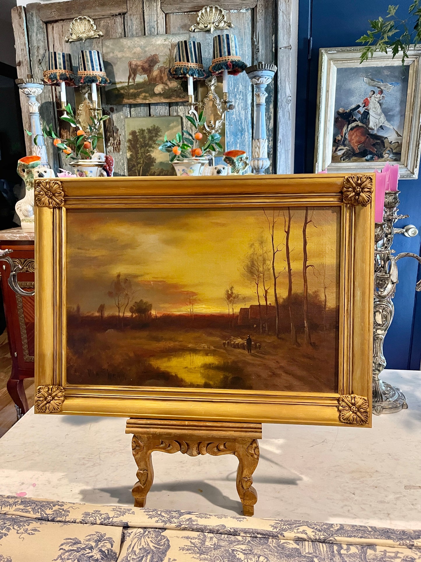 Moody Pastoral Sunset Landscape | Signed Antique Oil