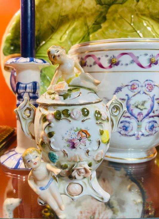 Vintage Putto Rococo  Porcelain Urn | Hand-Painted Jar with Applied Flowers
