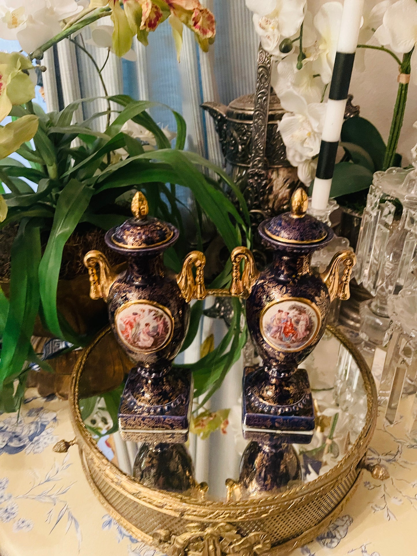 Vintage English Empire Ware Porcelain Urns – Neoclassical Gilt Transferware, Made in England