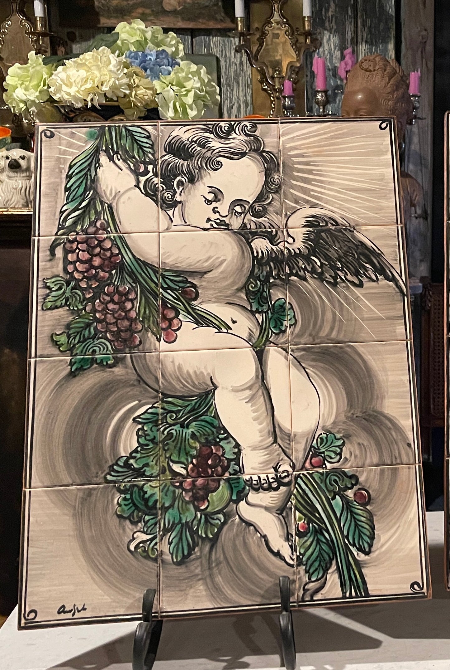 Right Facing - Hand Painted Italian Winged Putti Tile Mural | Signed Angelo | 12-Tile Architectural Wall Panel