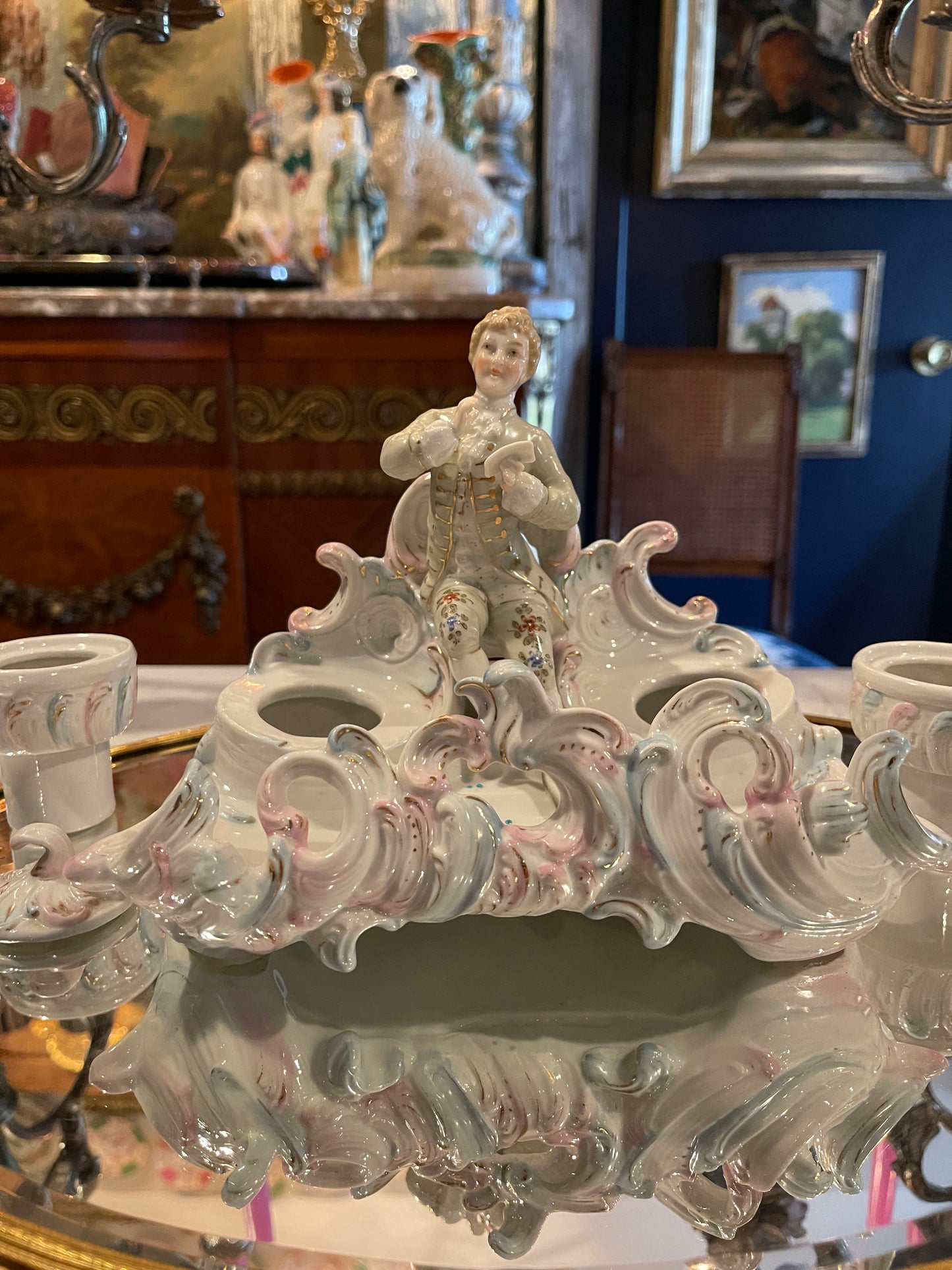 French Rococo-Style Porcelain Figural Inkwell with Lidded Inkwells