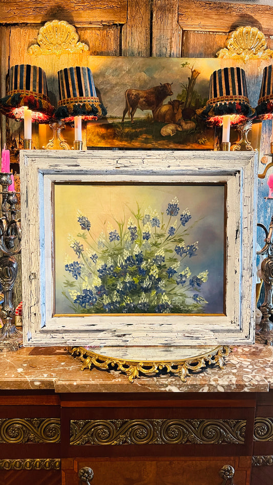 Artist-Signed Bluebonnet Painting in Chippy White Frame, Round Top Find