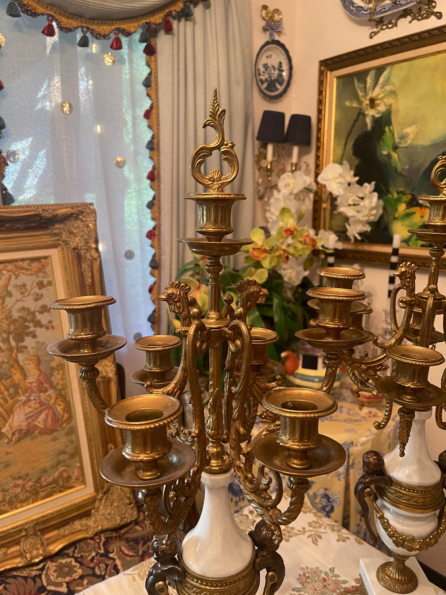 Italian Gilt and Cherub and Acanthus Alabaster Marble and Bronze Candelabras, Pair,