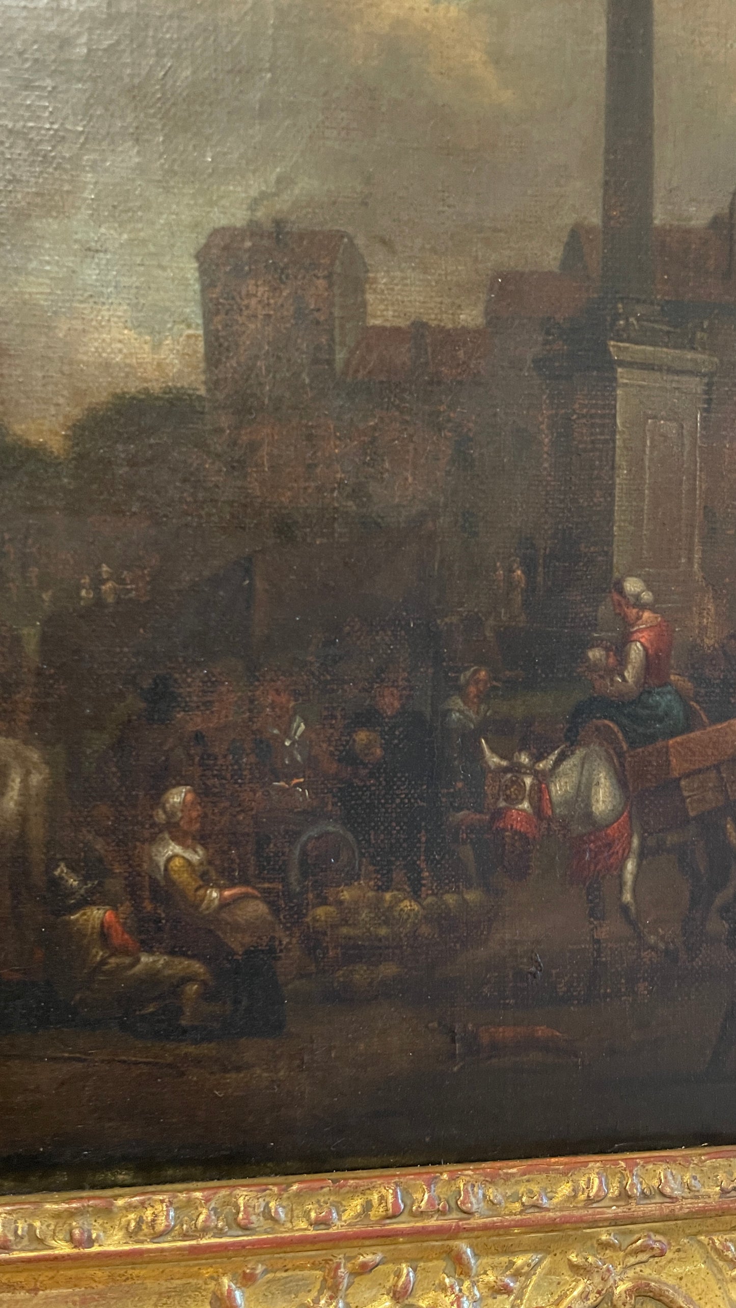 19th-Century European Oil Painting of Market Scene, Florence in an Exceptional Barbizon Frame