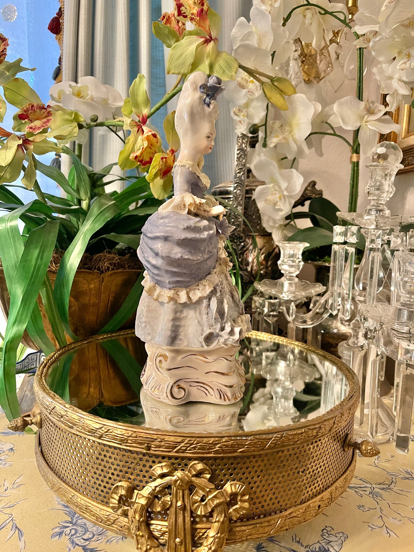 Whimsically Romantic Vintage Cordey Marie Antoinette–Inspired Rococo Lady Statuette | 11” | Blue and White with Light Blue Bows