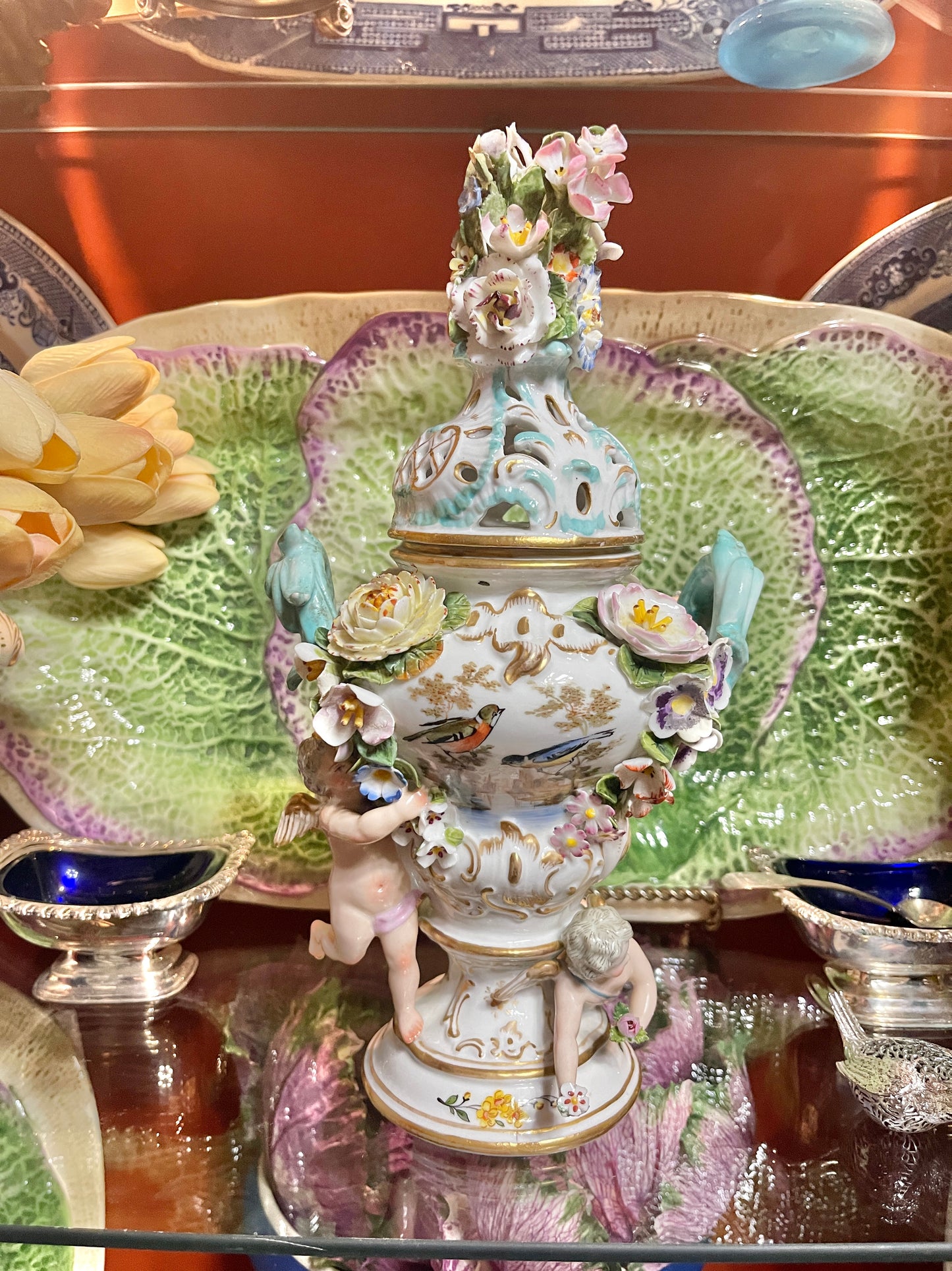 Antique Meissen Potpourri Urn with Cherubs | Bird Scene Porcelain | Floral Encrusted | 11.5”