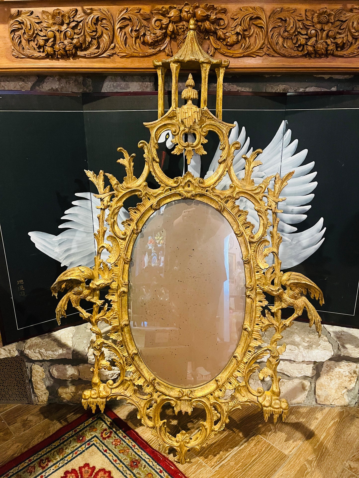 Antique Chinese Chippendale Style Chinoiserie Giltwood Mirror with a Pagoda and Birds, Made in Italy