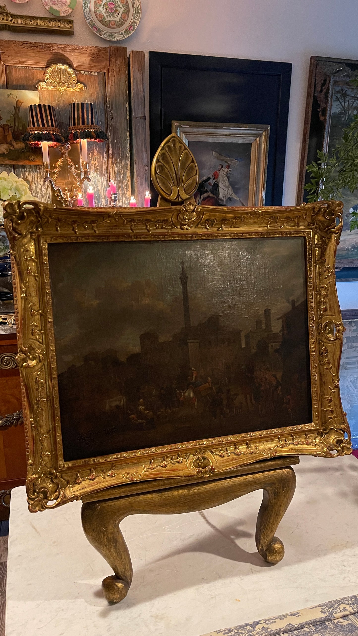 19th-Century European Oil Painting of Market Scene, Florence in an Exceptional Barbizon Frame