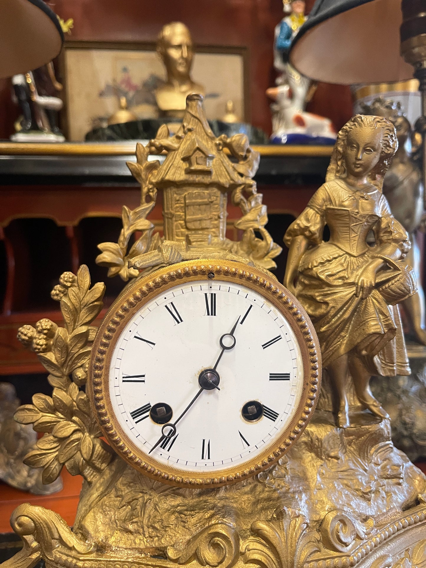 French Gilt Spelter Mantle Clock, 19th Century PH Mourey Figural Clock