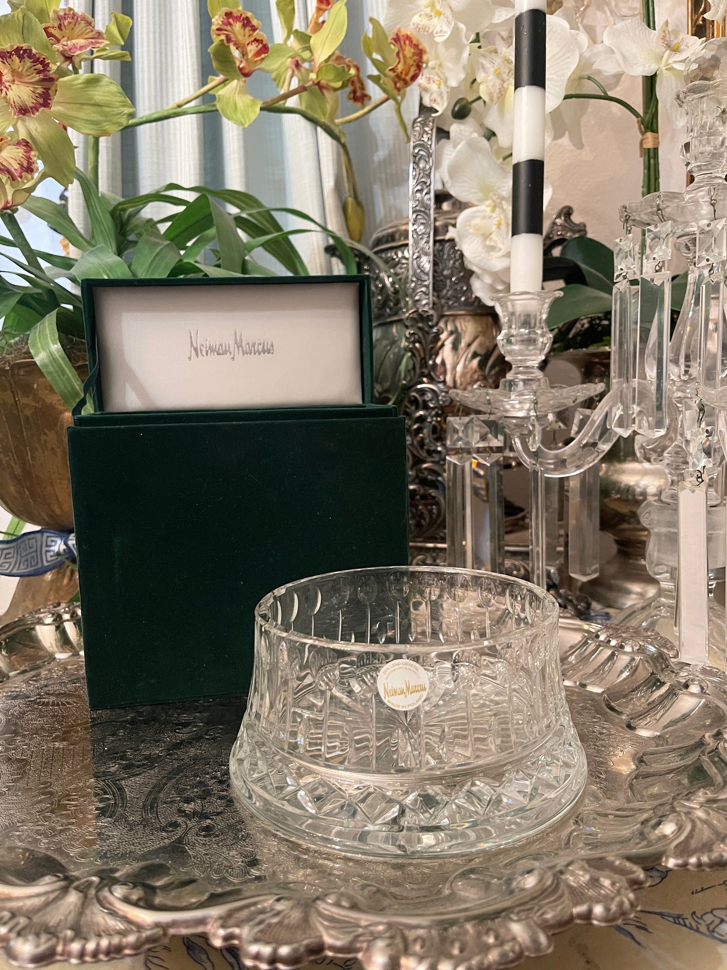 Neiman Marcus Cut Polish Crystal Bowl in Iconic Green Box