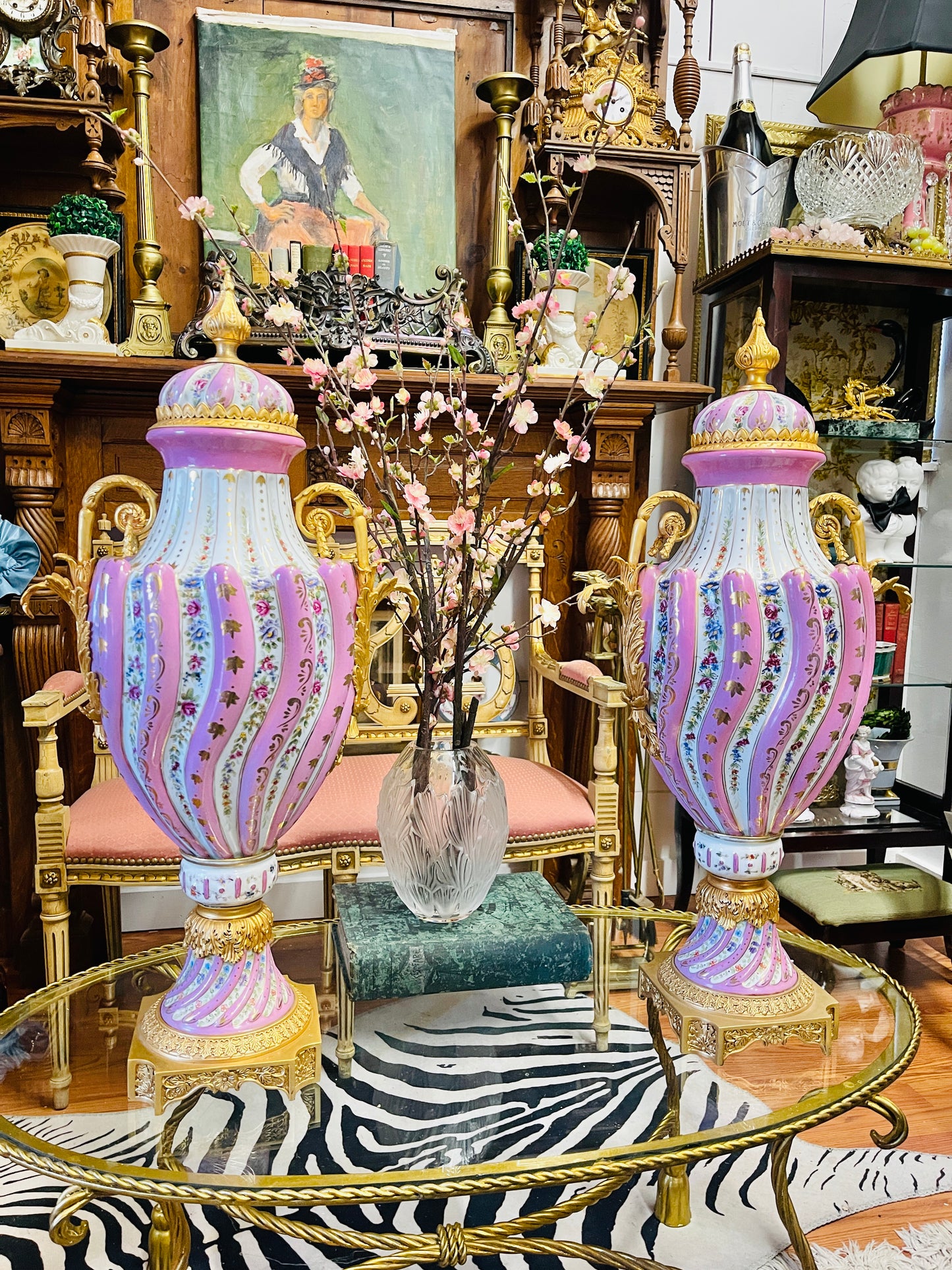 Monumental Pastel Porcelain Urns with Gilt Mounts|Pair | Grand Decorative Statement Vessels