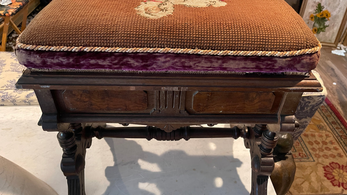 Antique Eastlake-Style Dog Needlepoint Storage Bench