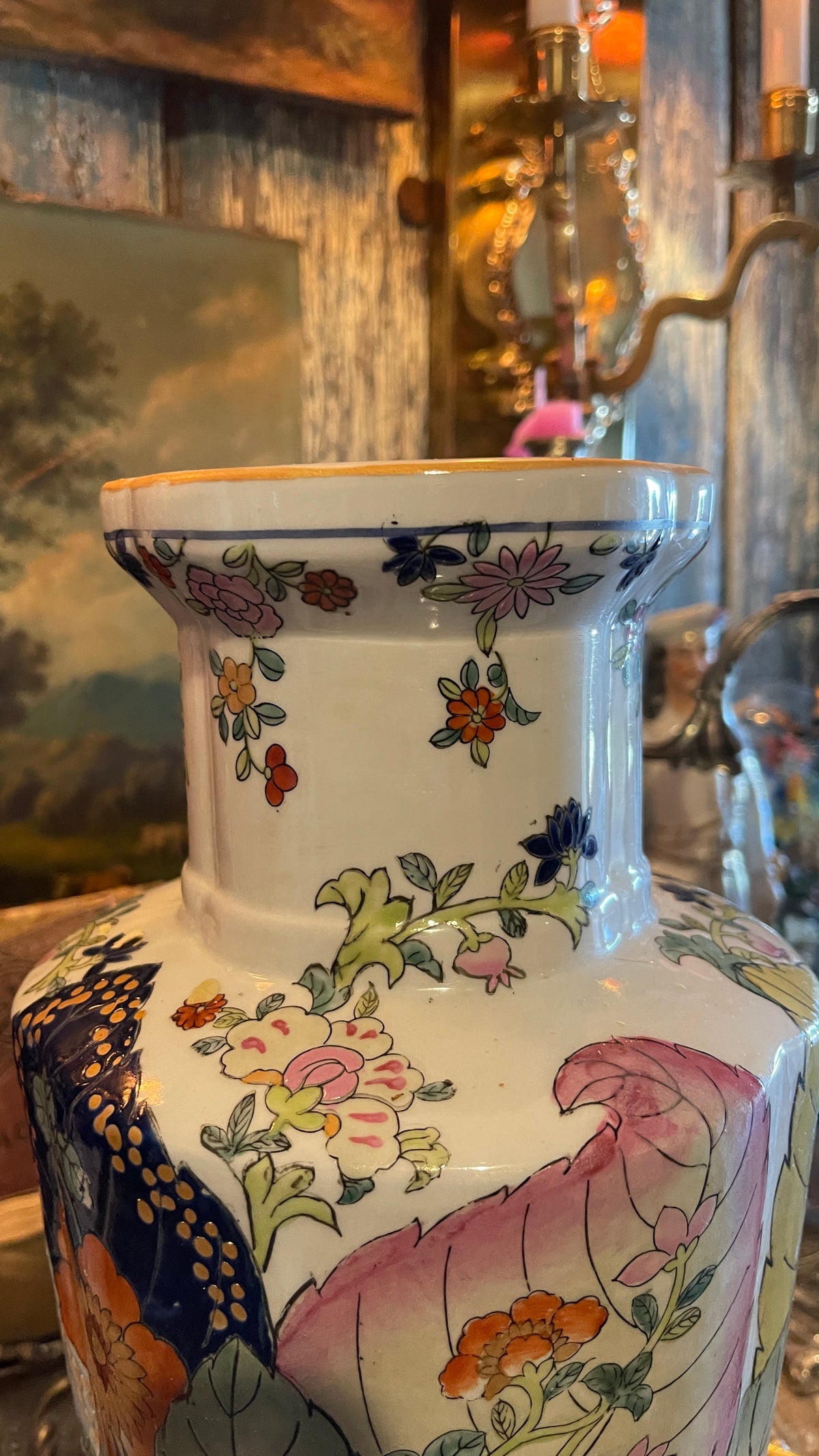 Vintage Tobacco Leaf Vase | Tall Chinoiserie Floral Vase | 14.25” Tall