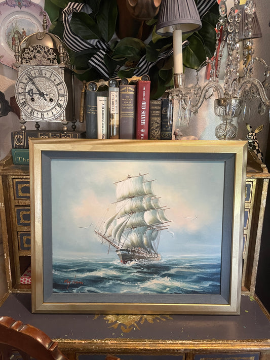 Vintage Nautical Clipper Ship Painting | Estate Art |Framed Oil on Canvas of Tall Sailing Ship at Sea