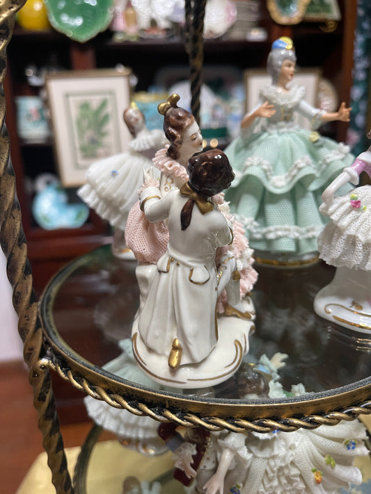Vintage German Porcelain Dresden-Style Courting Couple in Pink and White | Lace Detail |