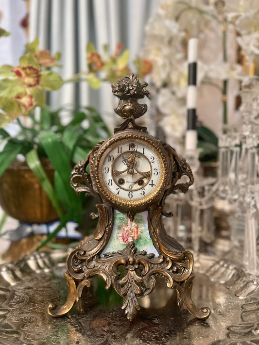 Antique French Ormolu Bronze Mantel Clock with Hand Painted Porcelain Adornment