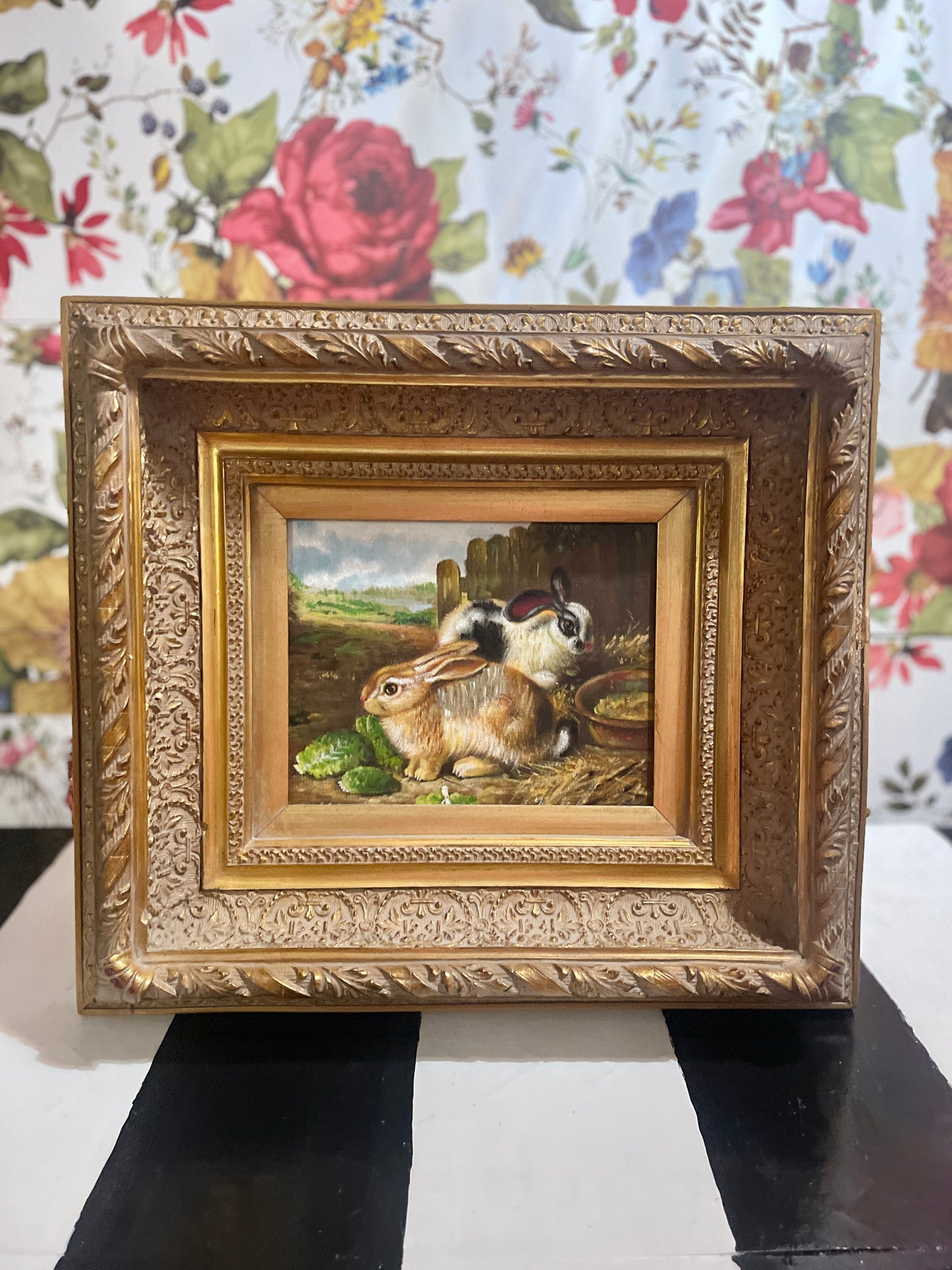 Estate Rabbit Oil Painting on Canvas, Vintage