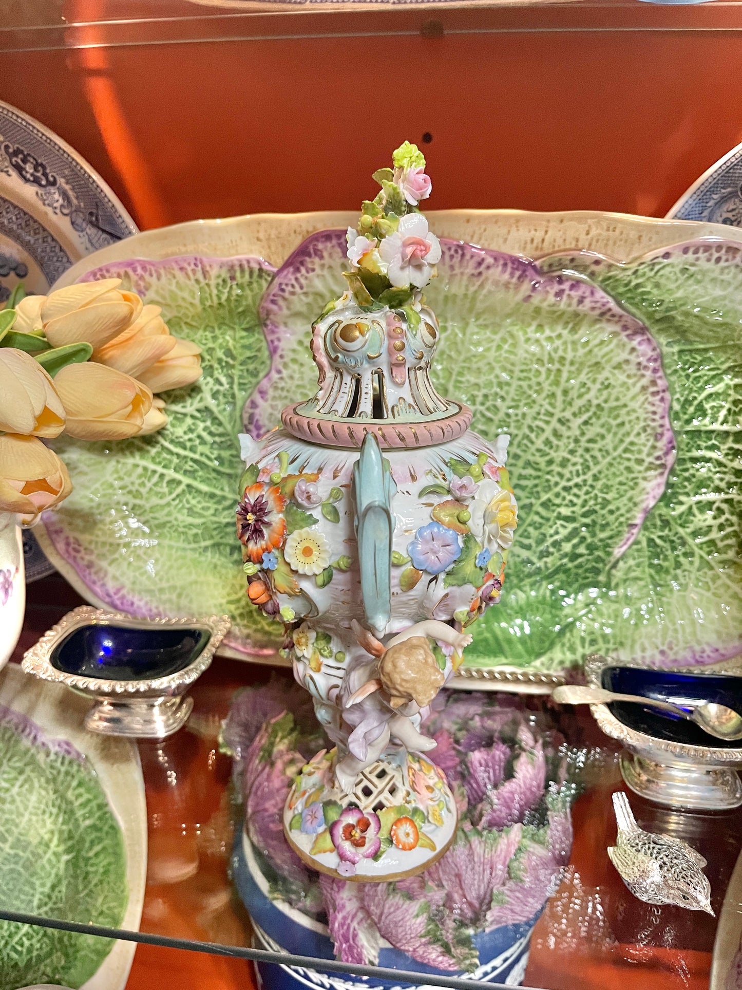 Antique Meissen Potpourri Urn with Cherubs | Floral Scene| German Porcelain | 12”