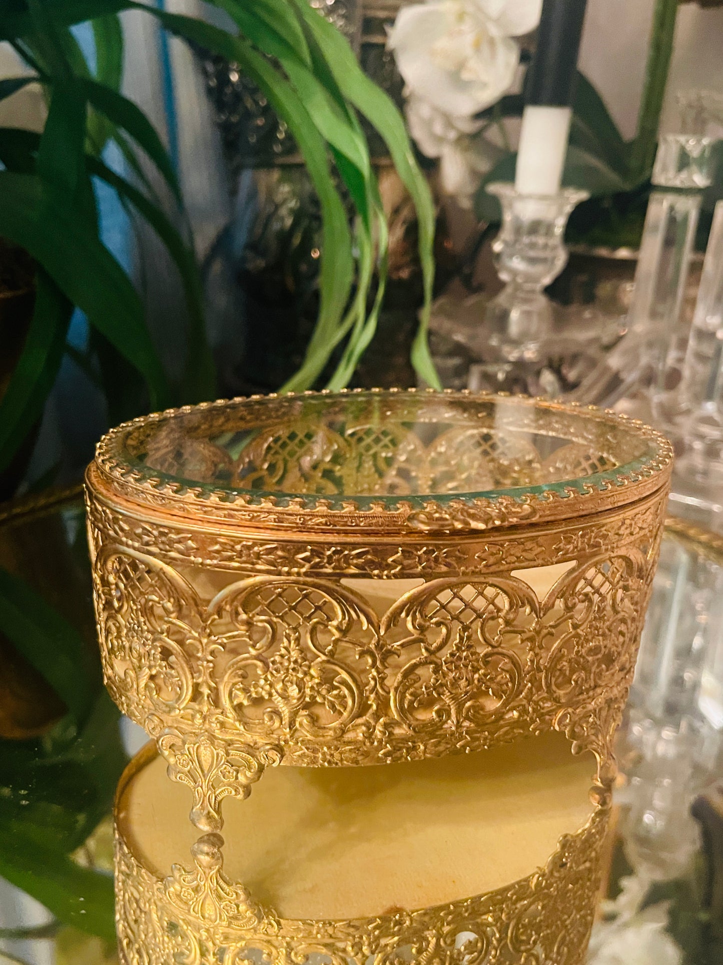 Ornate Round Ormolu & Beveled Glass Jewelry Casket — Vintage Filigree Vanity Box
