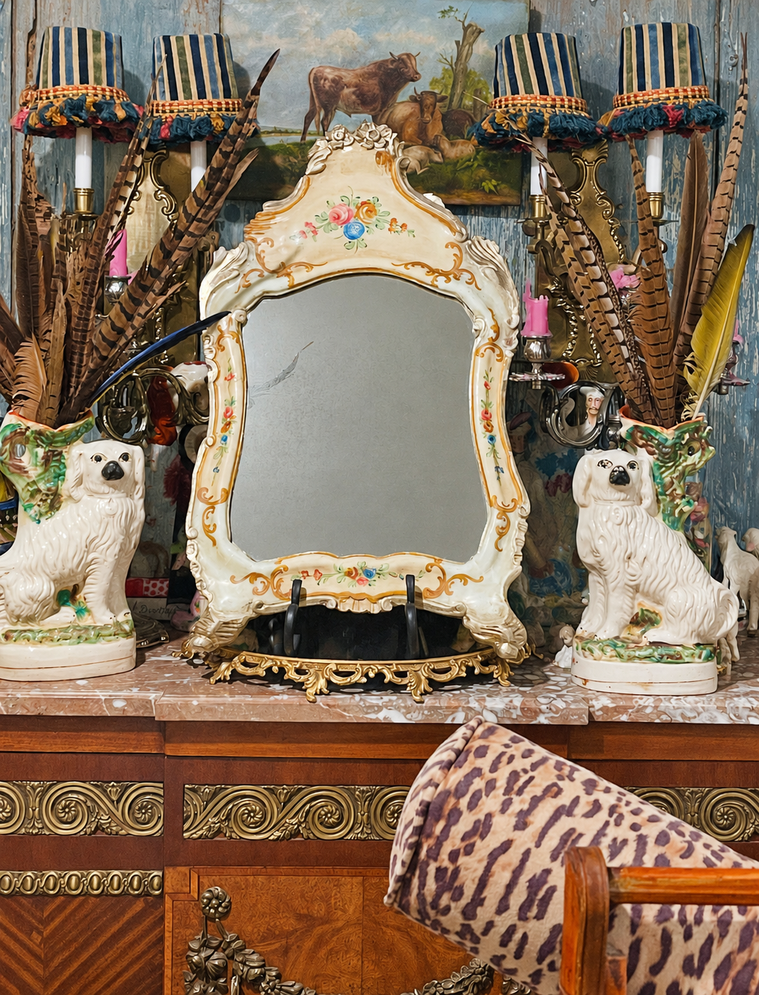 Antique Carved Wood Mirror with Hand-Painted Florals, Gilt & Silver Details