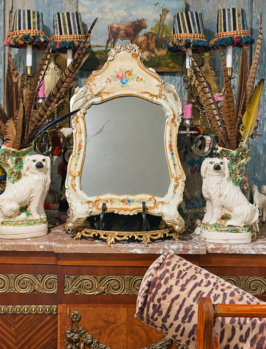 Antique Carved Wood Mirror with Hand-Painted Florals, Gilt & Silver Details