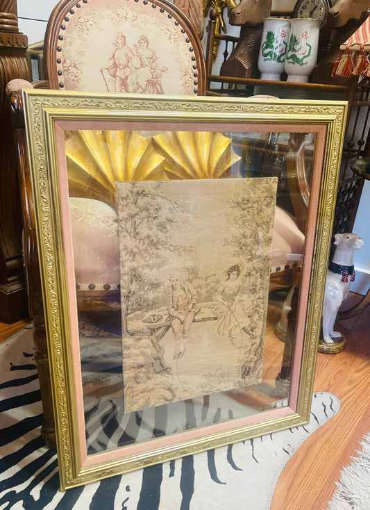 Antique French Pastoral Tapestry in Gilt Frame – Romantic Pastoral Toile Courting Scene with Pink Velvet Matting, Unique Floating Framing