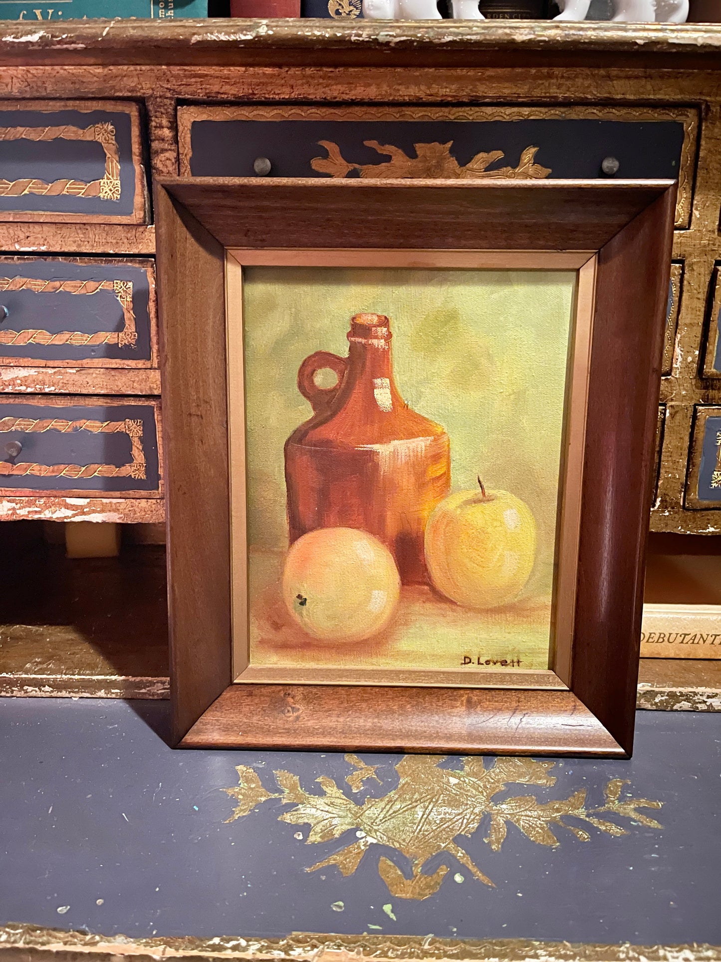 Vintage Apple and Earthenware Jug Still Life Painting on Canvas, Signed