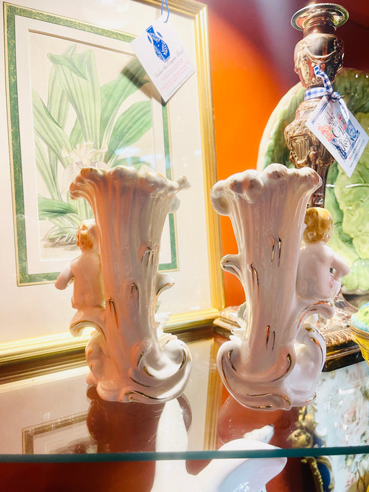 Vintage Putto and Geese Porcelain Vase Pair | Rococo Revival Mantel or Vanity Décor