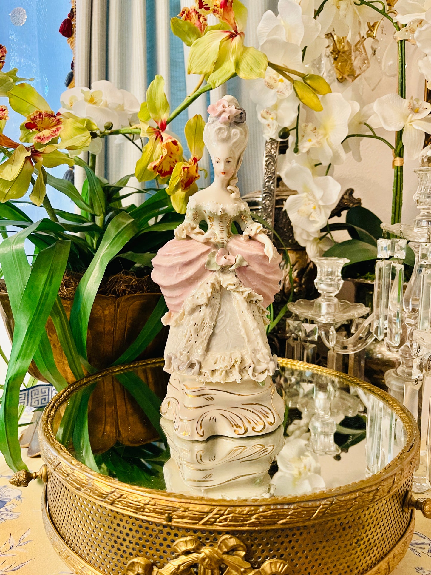 Whimsically Romantic Cordey Marie Antoinette–Inspired Rococo Lady Statuette | 11” | Pink Roses