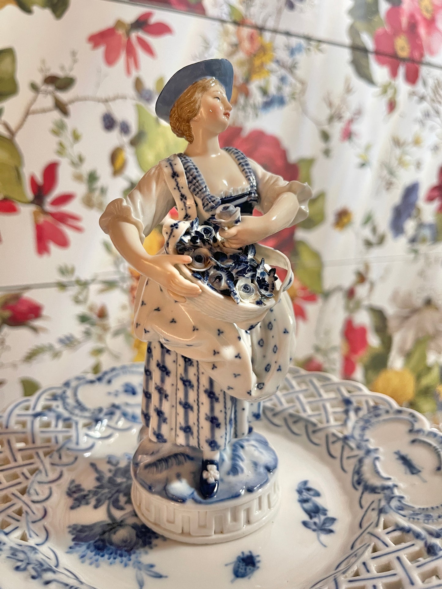 Antique Meissen Figural 3-Tier Blue & White Server with Lady Finial | Rare Porcelain Tiered Tray | 22” Tall