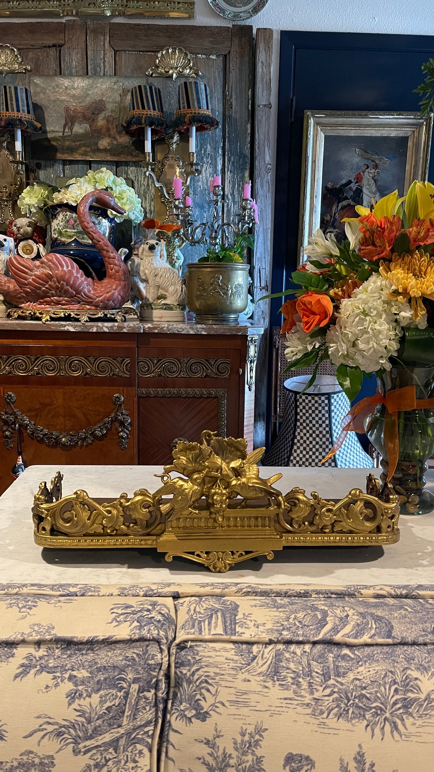 Gilt Cast Metal Architectural Salvage Wall Shelf with Birds | 22”