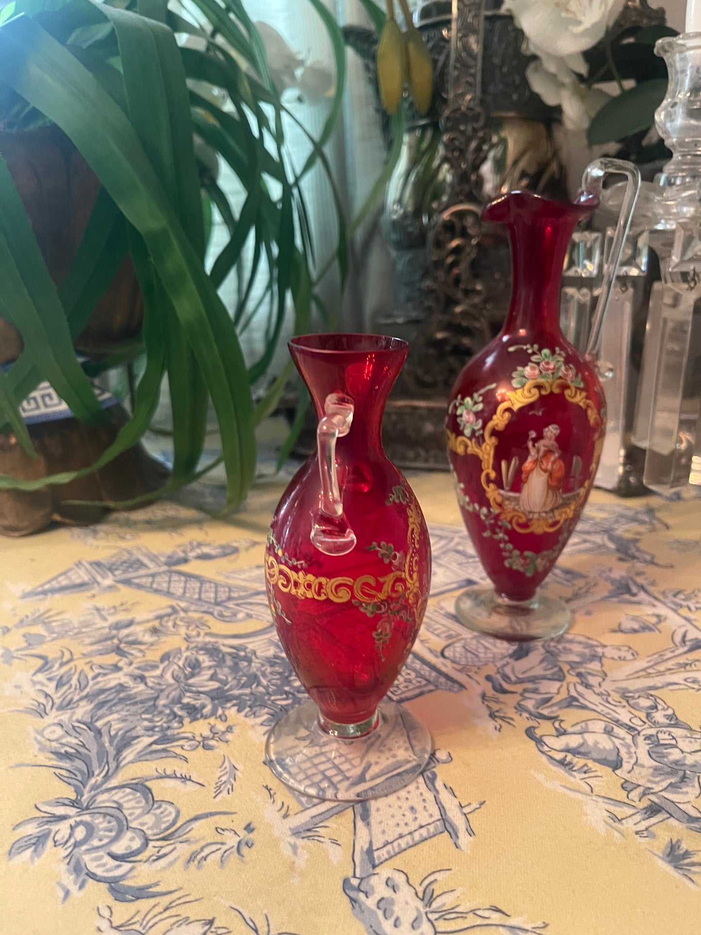 Antique Murano Ruby Red Double-Handled Vase with Hand-Painted Lady & Maritime Scene - Monte Vista Estate