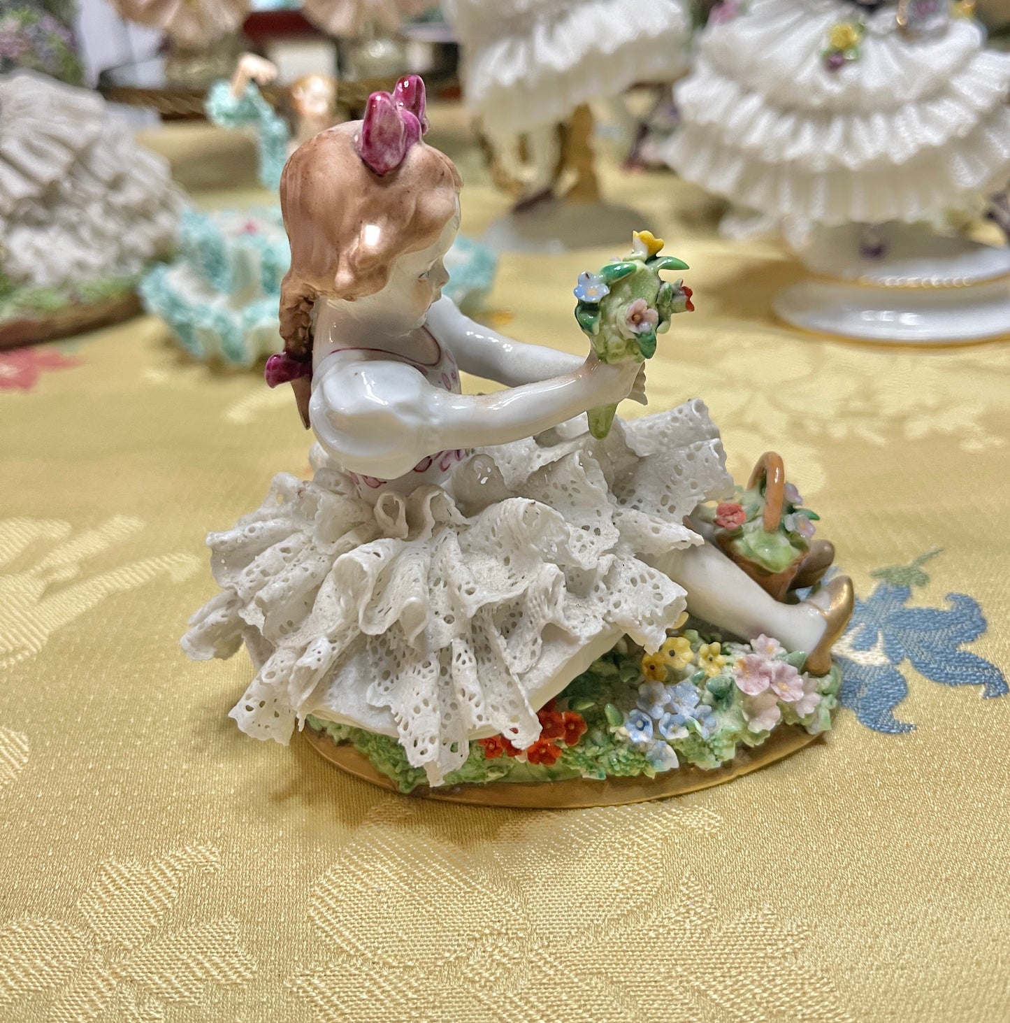 Vintage German Porcelain Dresden-Style Lace Girl Figurine with Bouquet of Flowers | Marked Germany