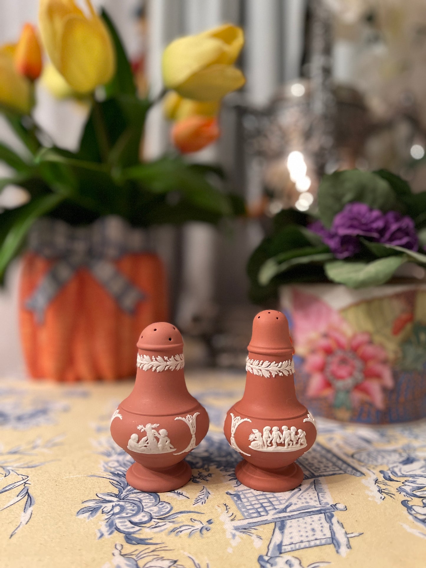 Wedgwood Terracotta (1957-1959) with White Relief Putti Salt and Pepper Shakers, Vintage