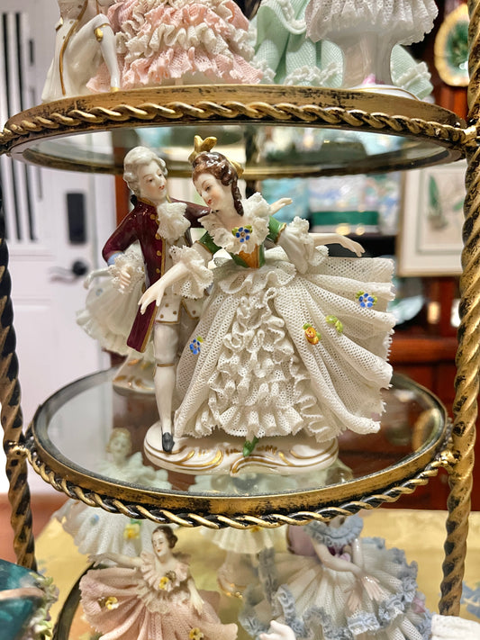 German Porcelain Dancing Couple Dresden-Style Lace Dancer Figurine | Vintage European Porcelain