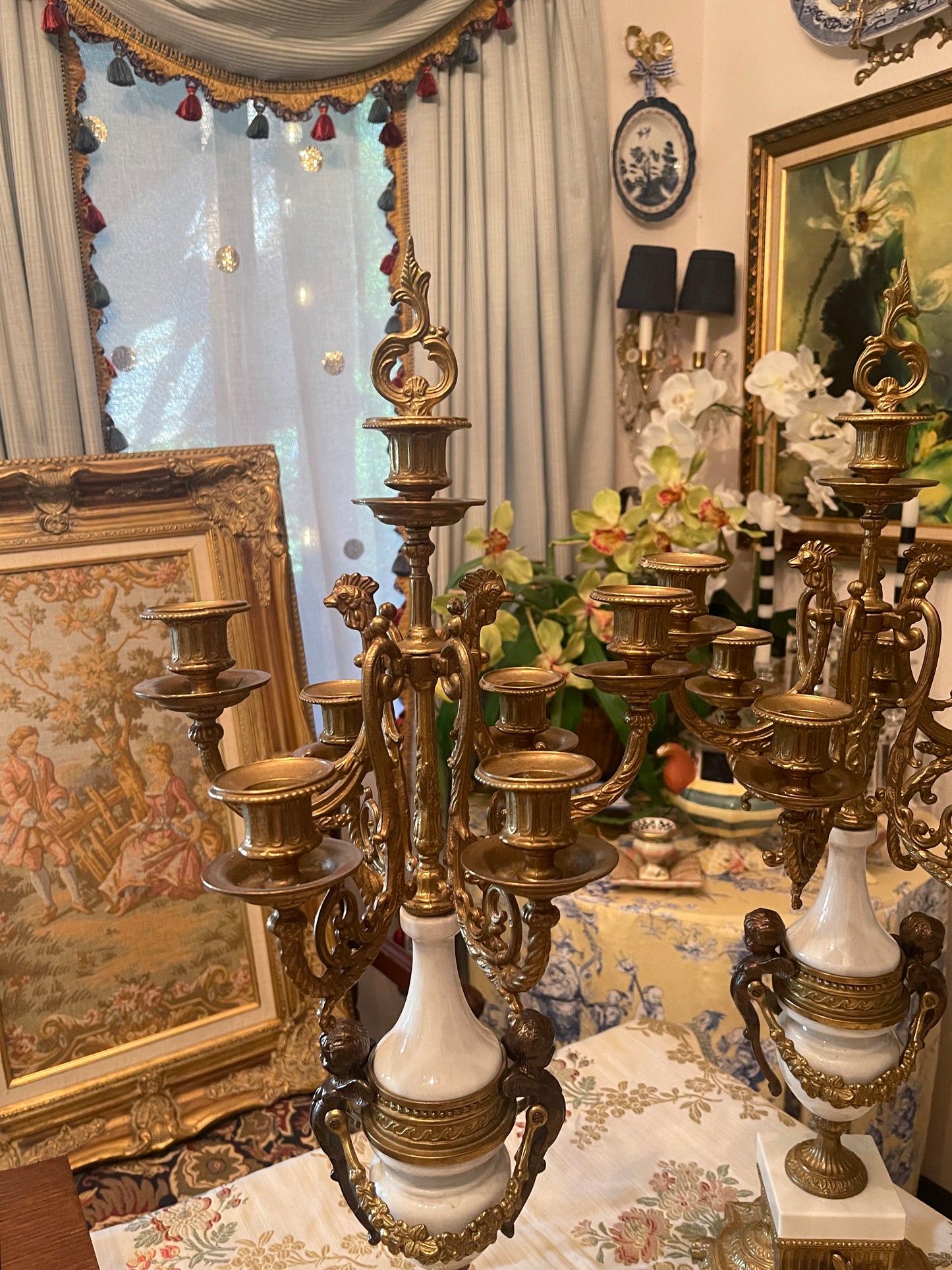 Italian Gilt and Cherub and Acanthus Alabaster Marble and Bronze Candelabras, Pair,